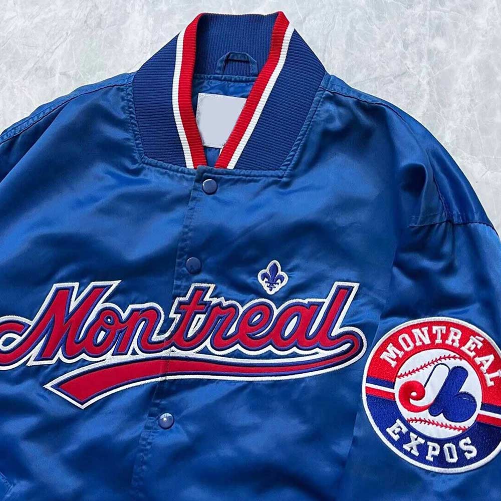 90's Montreal Expos Bomber Blue Satin Jacket - Image 3