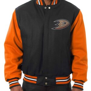 Varsity Anaheim Ducks Black and Orange Wool/Leather Jacket