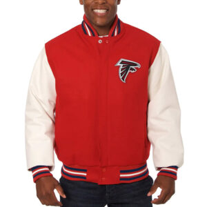Atlanta Falcons Varsity Red and White Wool/Leather Jacket