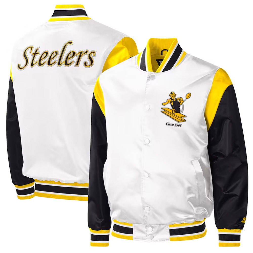 Pittsburgh Steelers Throwback Warm Up Pitch Black/White Varsity Satin Jacket - Image 3