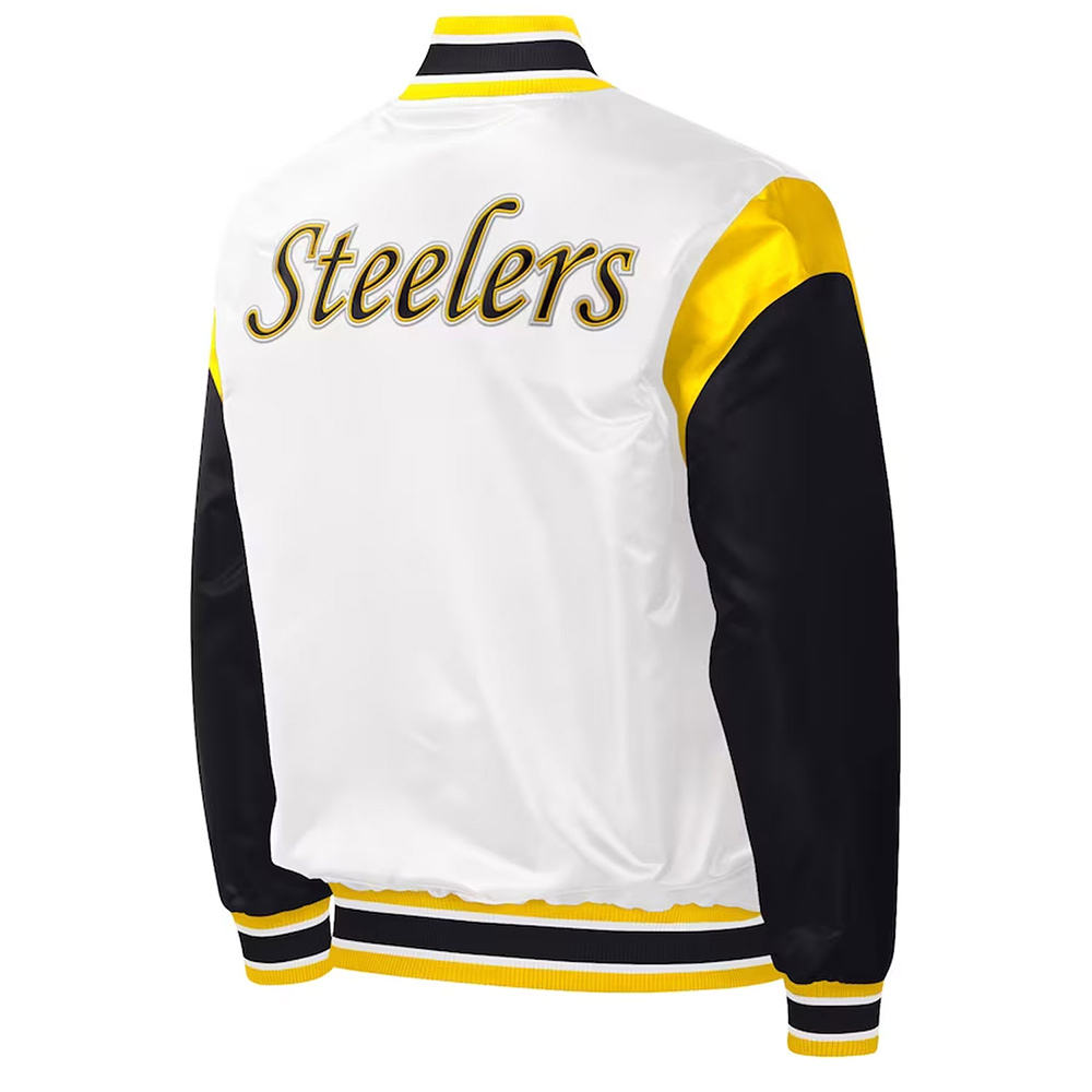 Pittsburgh Steelers Throwback Warm Up Pitch Black/White Varsity Satin Jacket - Image 2