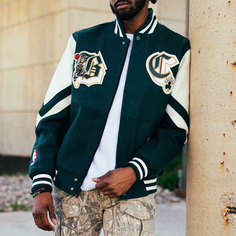 Boston Celtics Green and Off White Varsity Wool Jacket - Image 3