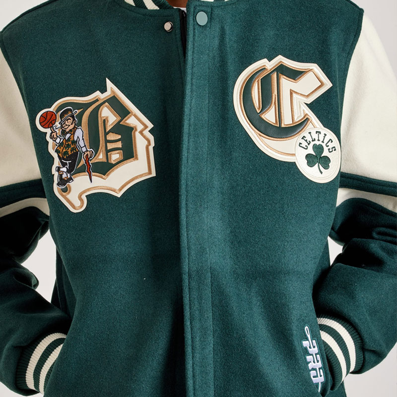 Boston Celtics Green and Off White Varsity Wool Jacket - Image 4