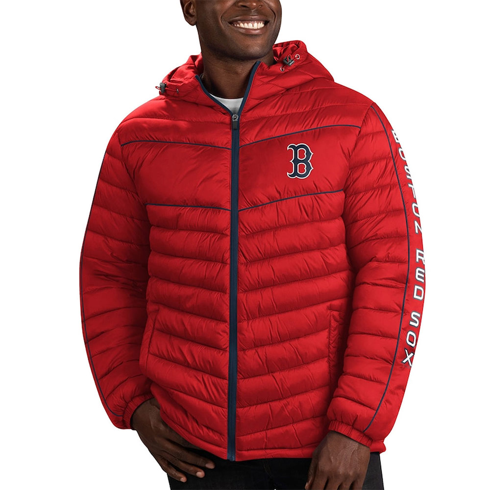 Boston Red Sox Splitter Soft Down Puffer Red Hooded Jacket - Image 3