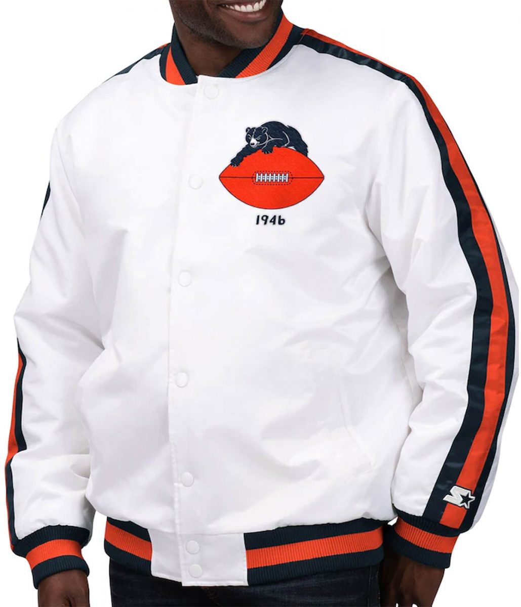 Chicago Bears Throwback D-Line White Full-Snap Satin Jacket - Image 4