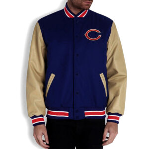 Chicago Bears Navy Blue and Off White Letterman Jacket