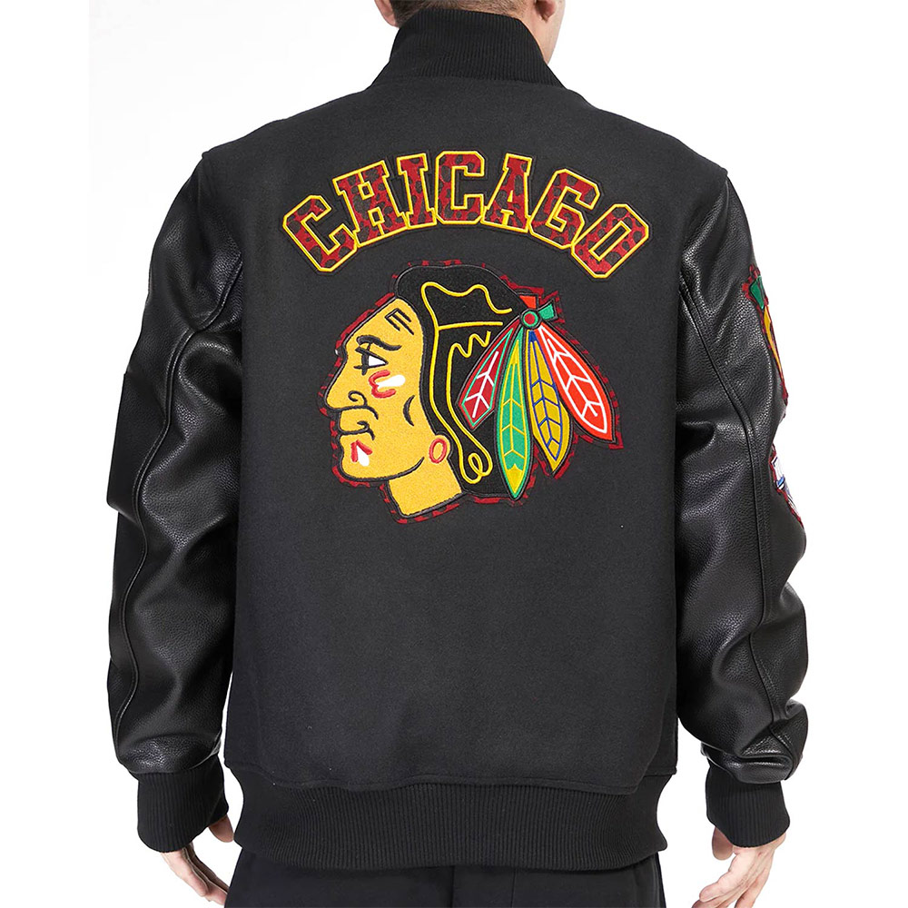 Chicago Blackhawks Animal Patches Black Varsity Jacket - Image 2