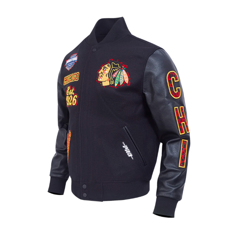Chicago Blackhawks Animal Print Varsity Wool/Leather Jacket - Image 3