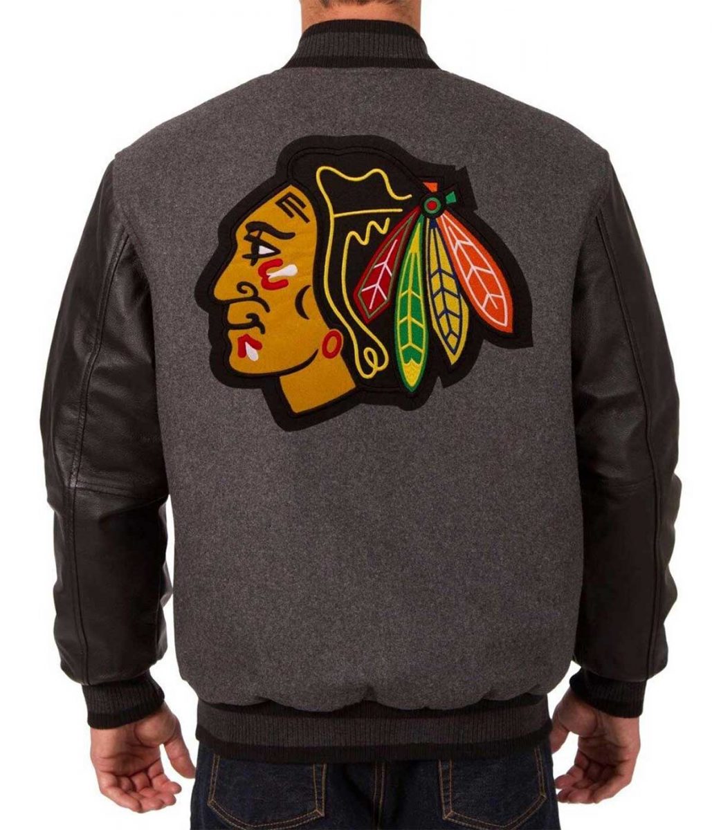 Varsity Chicago Blackhawks Wool/Leather Charcoal Jacket - Image 2