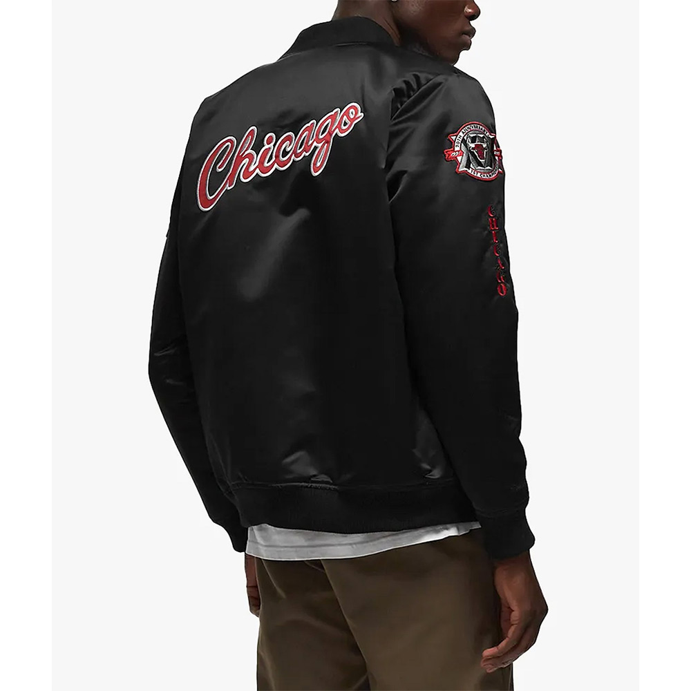 Chicago Bulls Bomber Black Satin Jacket - Image 3