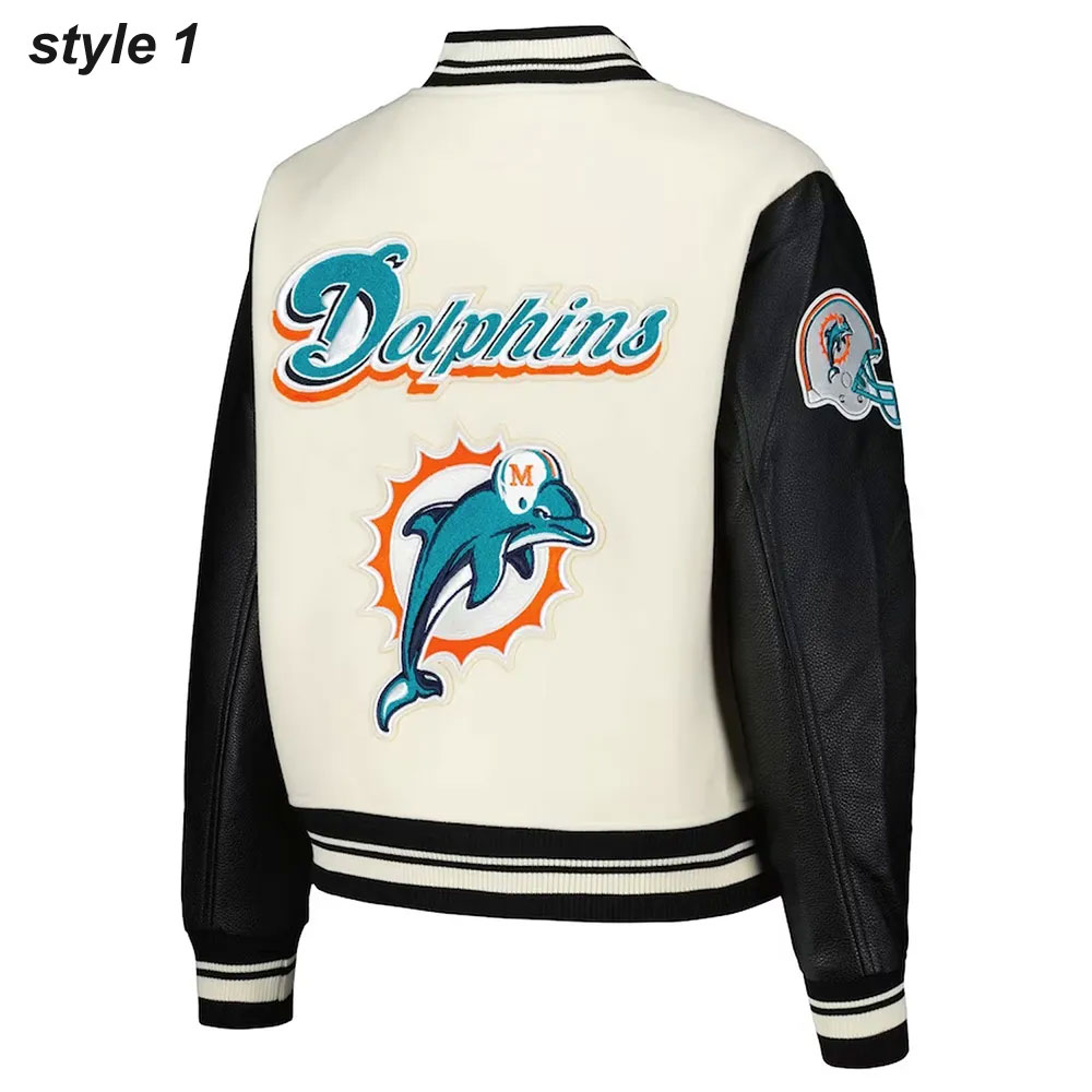 Cream Miami Dolphins Retro Classic Varsity Jacket - Image 3
