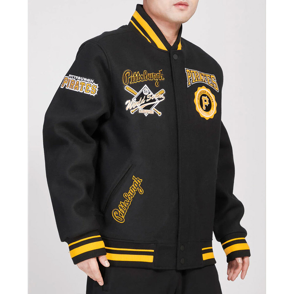 Pittsburgh Pirates Crest Emblem Black Varsity Wool Jacket - Image 3