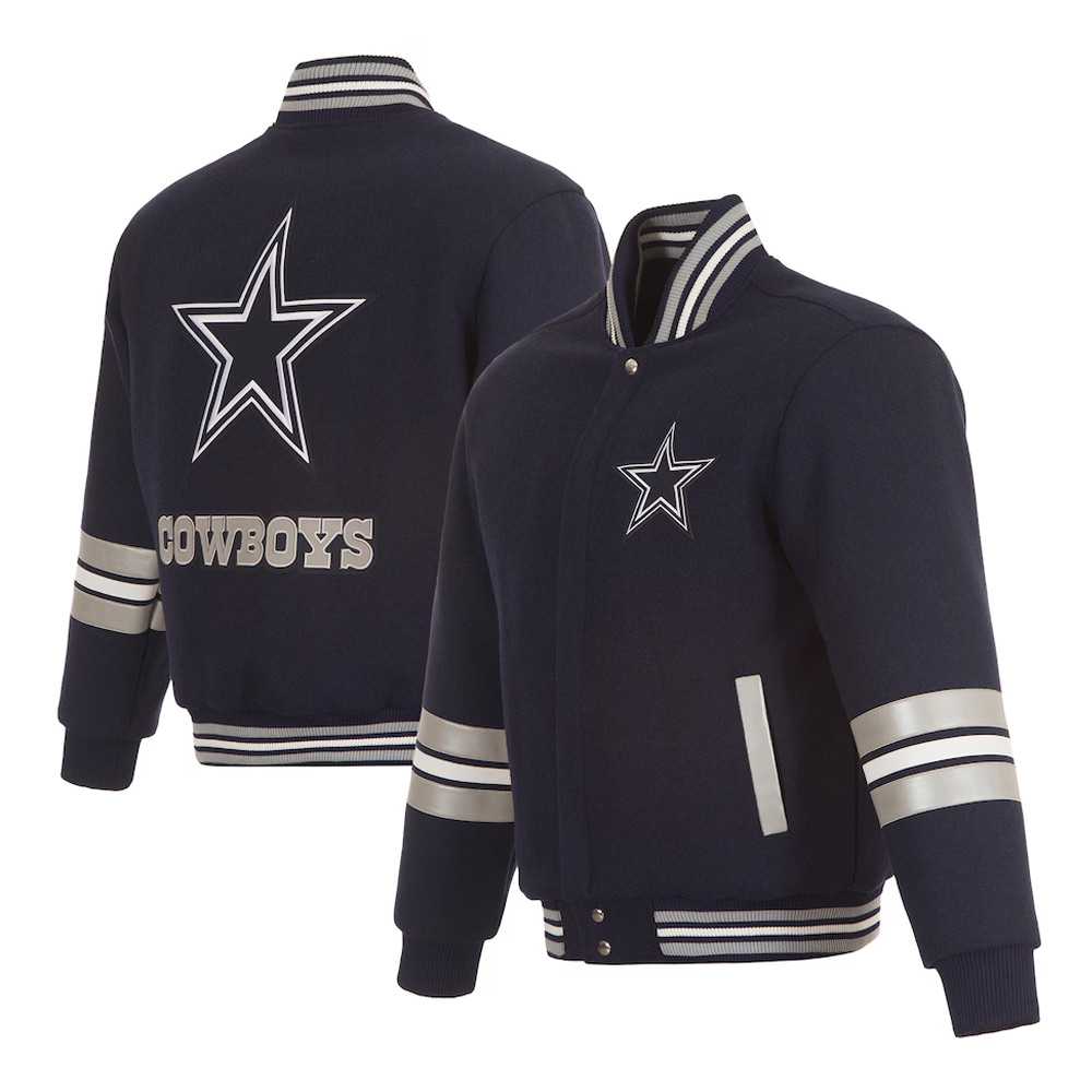 Dallas Cowboys Striped Navy Varsity Wool Jacket - Image 3