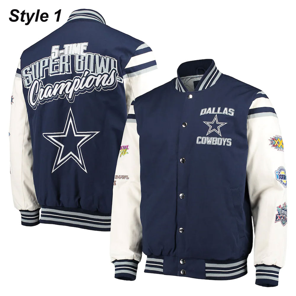 Super Bowl 5x Champions Dallas Cowboys Navy/White Varsity Jacket - Image 7