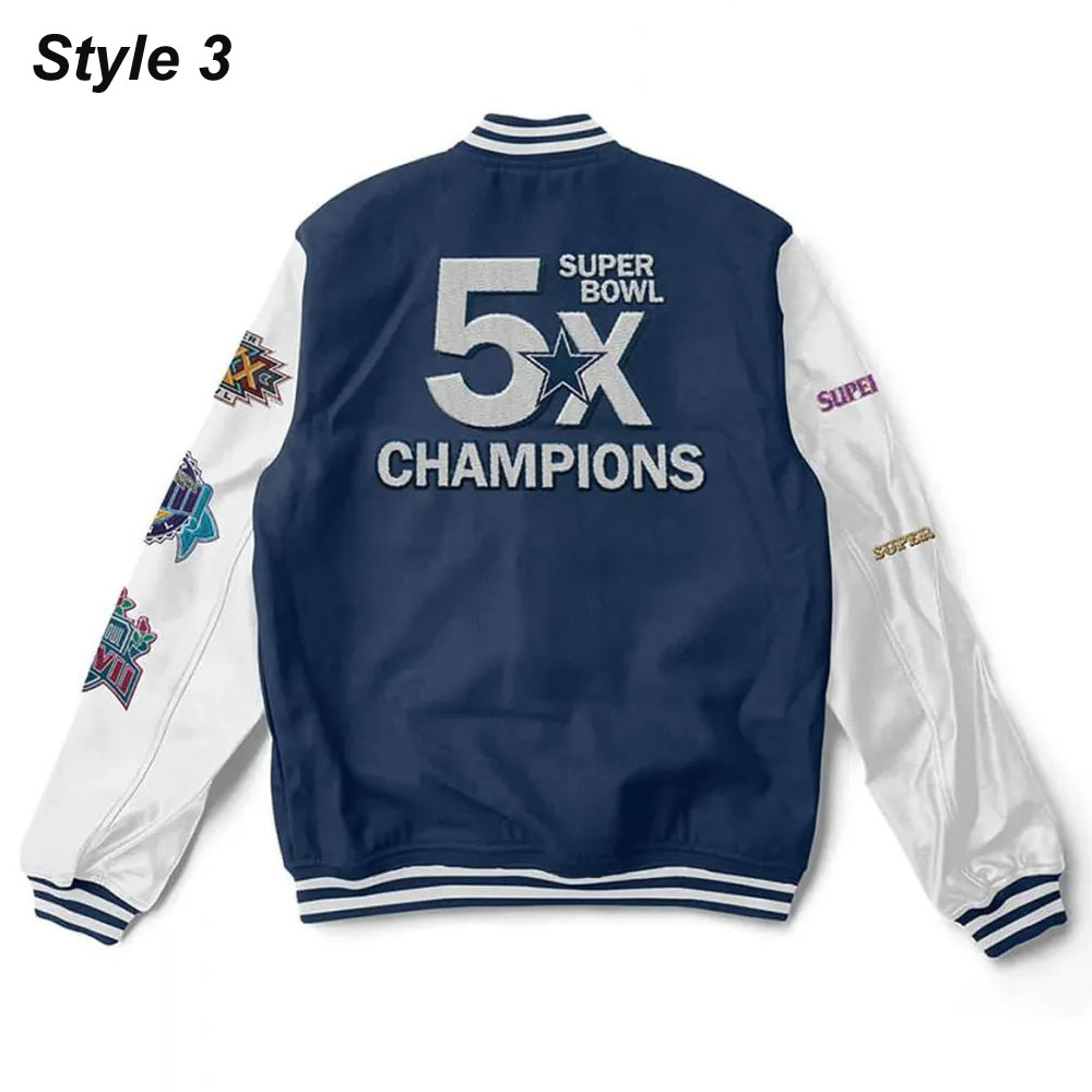 Super Bowl 5x Champions Dallas Cowboys Navy/White Varsity Jacket - Image 6