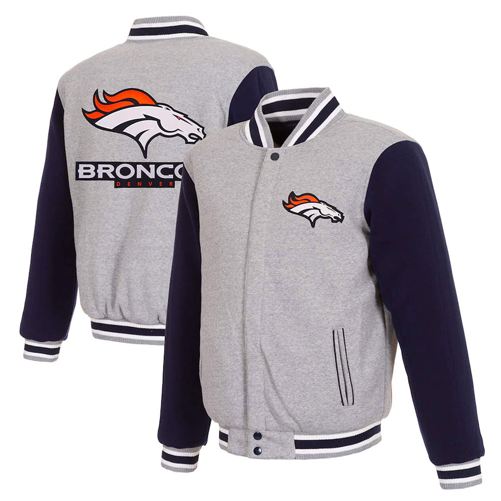 Denver Broncos Varsity Gray and Navy Blue Jacket - Image 3
