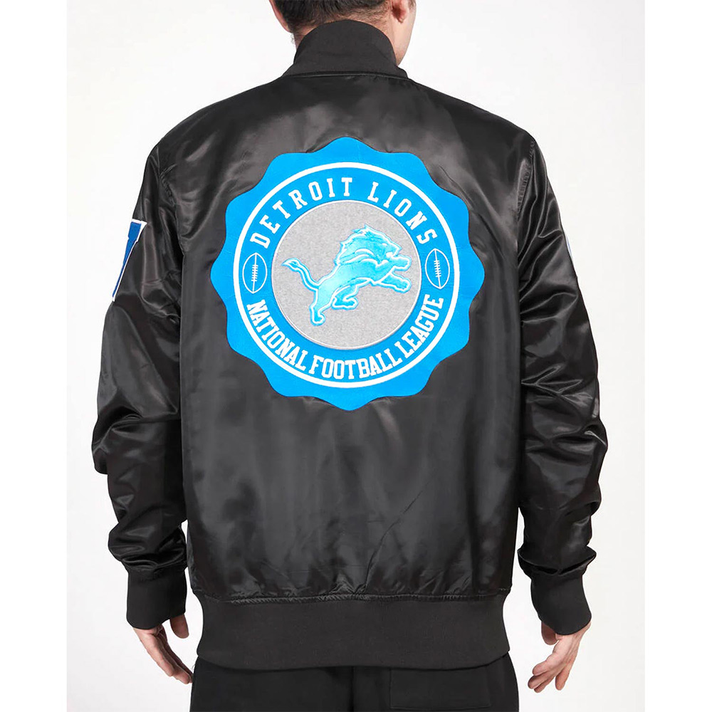 Detroit Lions Crest Emblem Black Satin Jacket - Image 2