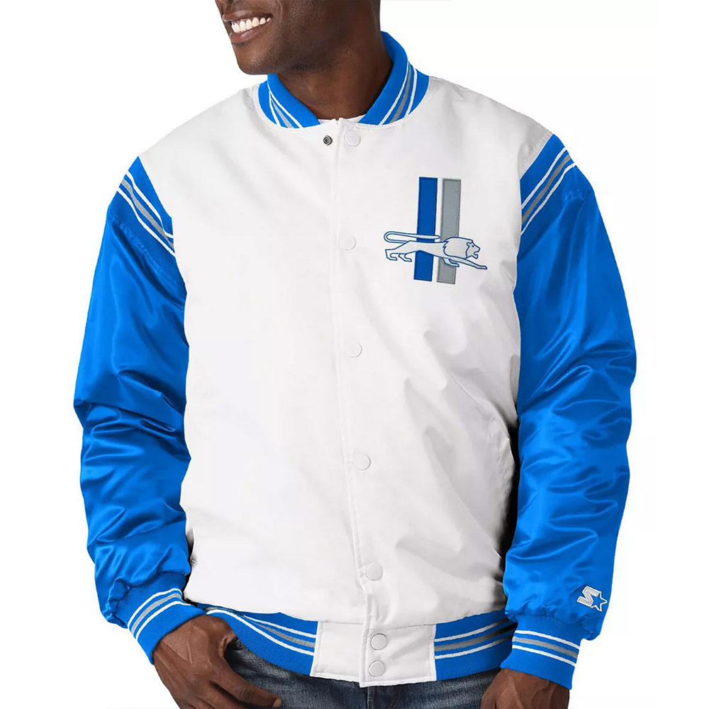 Detroit Lions Historic Logo Renegade White/Blue Satin Jacket - Image 4