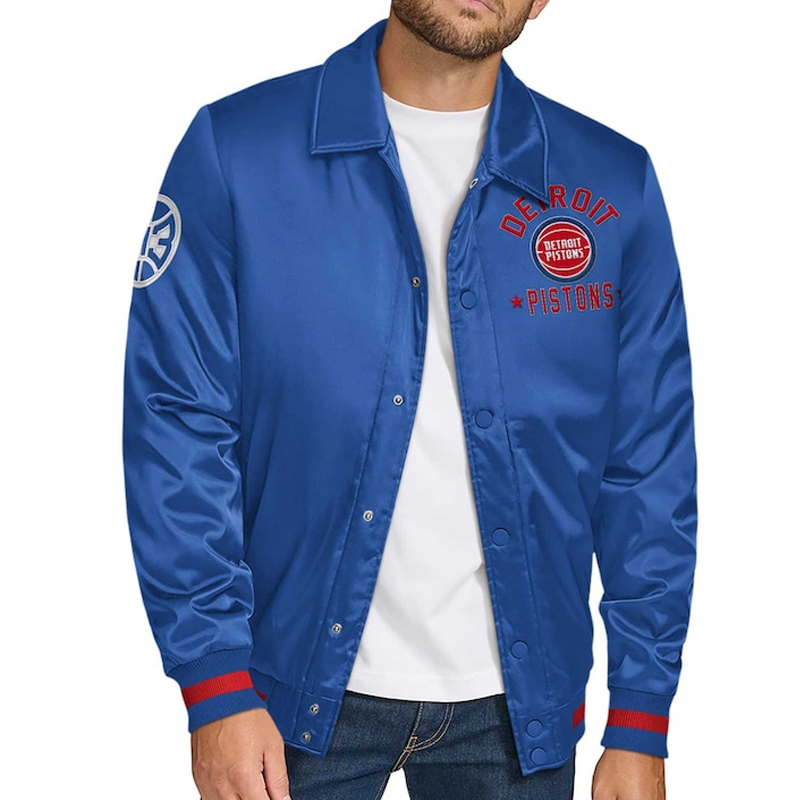 Detroit Pistons Stitch Applique Blue Satin Jacket