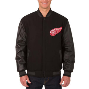 Detroit Red Wings Two Hit Varsity Wool & Leather Black Jacket