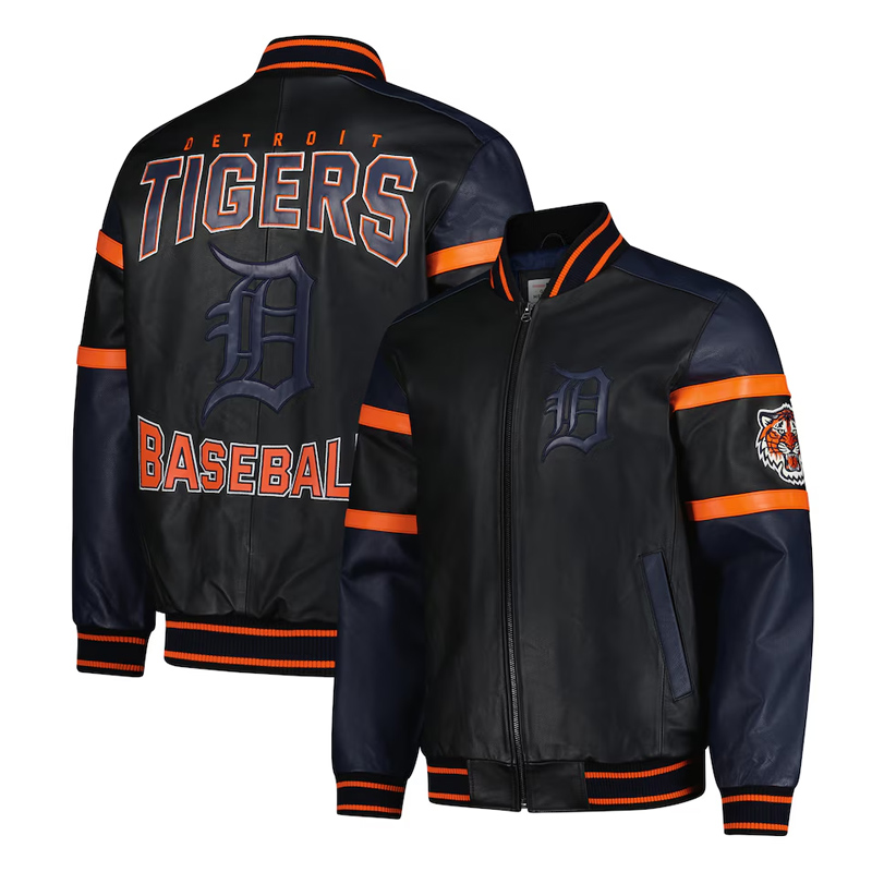 Detroit Tigers Black and Navy Varsity Leather Jacket - Image 3