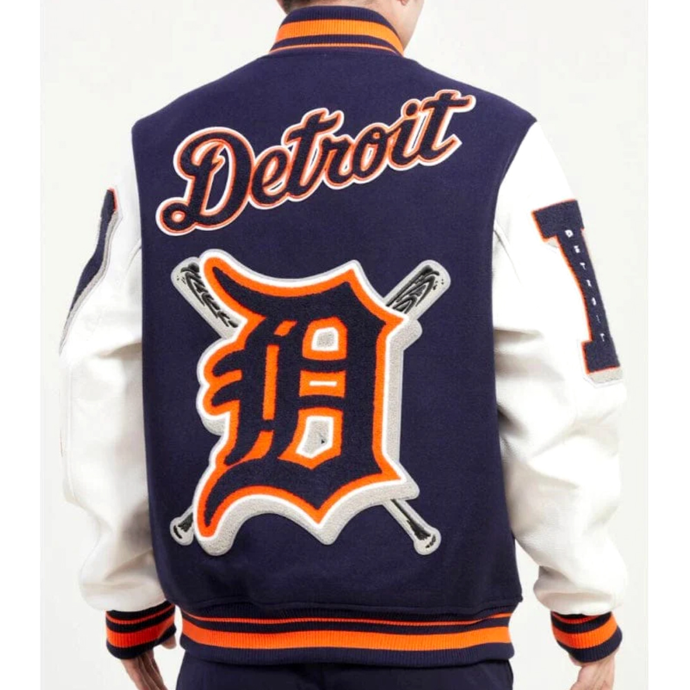 Detroit Tigers Mash Up White and Navy Blue Varsity Jacket - Image 2
