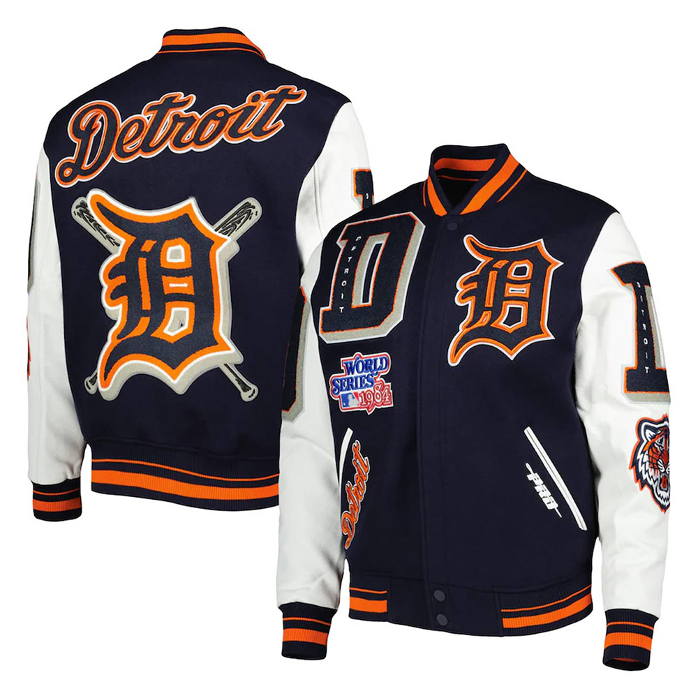 Detroit Tigers Mash Up White and Navy Blue Varsity Jacket - Image 7