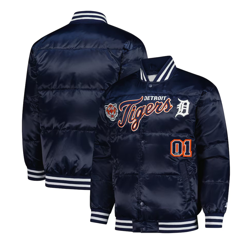 Detroit Tigers Puffer Navy Satin Jacket - Image 3