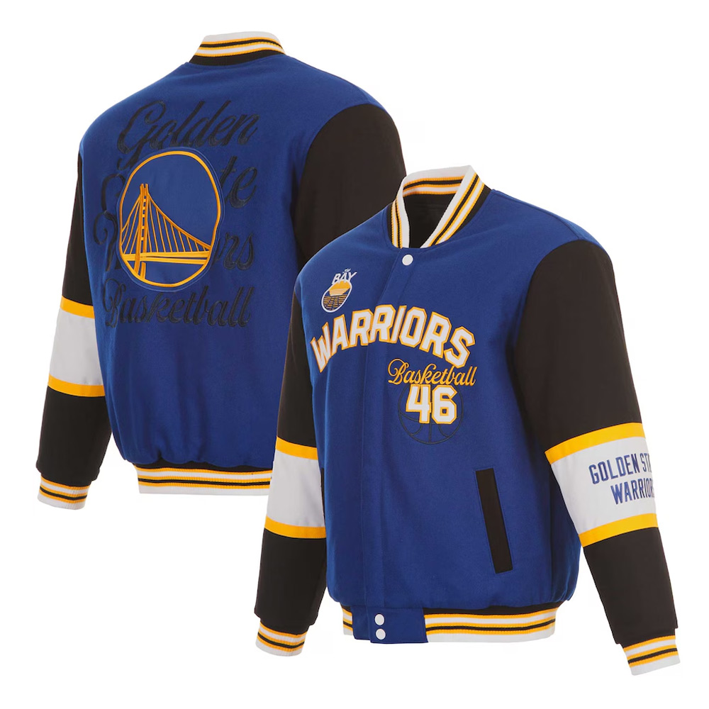 Golden State Warriors Royal and Black Varsity Wool Jacket - Image 2