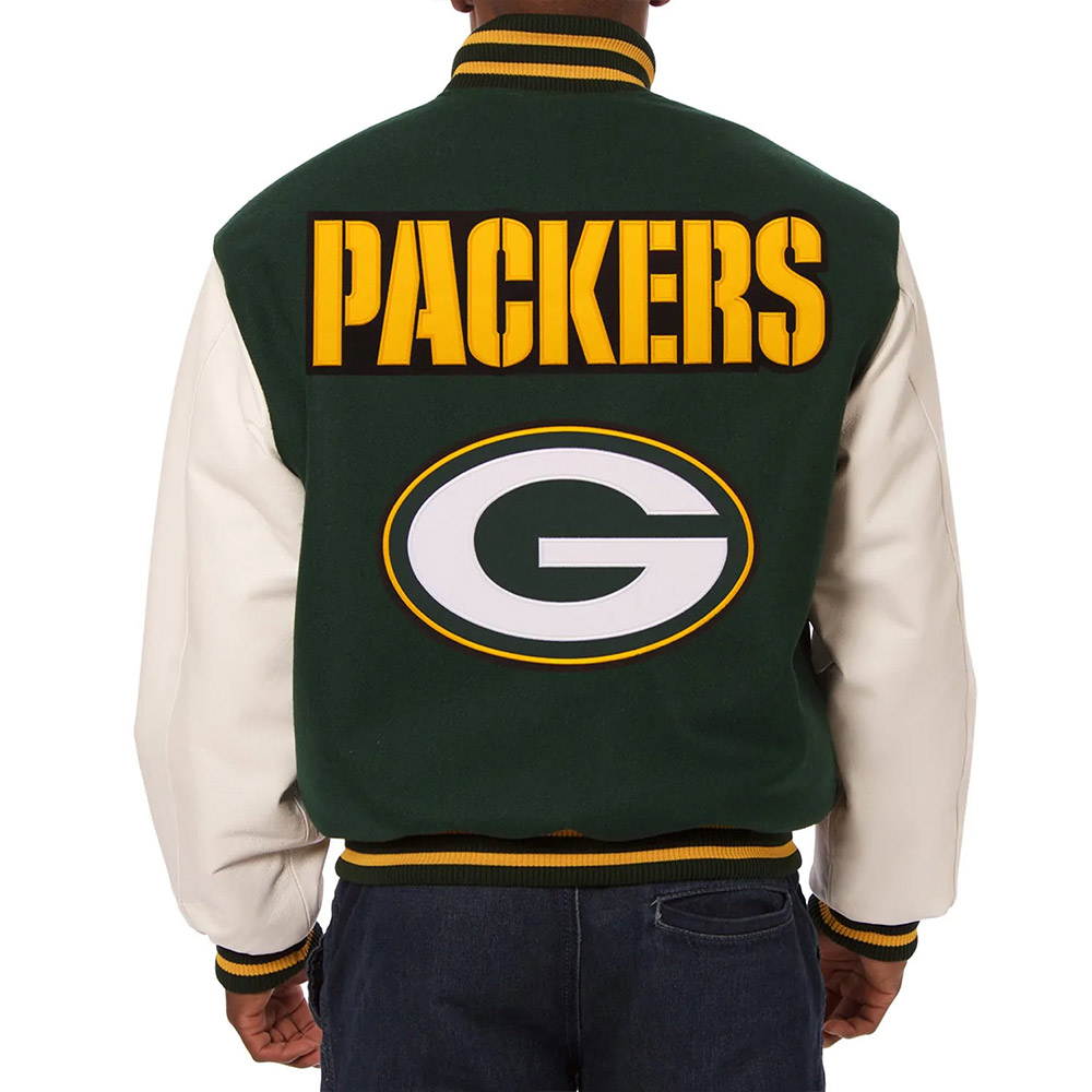 Green Bay Packers Green and White Varsity Jacket - Image 2