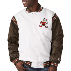 Cleveland Browns Historic Renegade White/Brown Satin Varsity Jacket