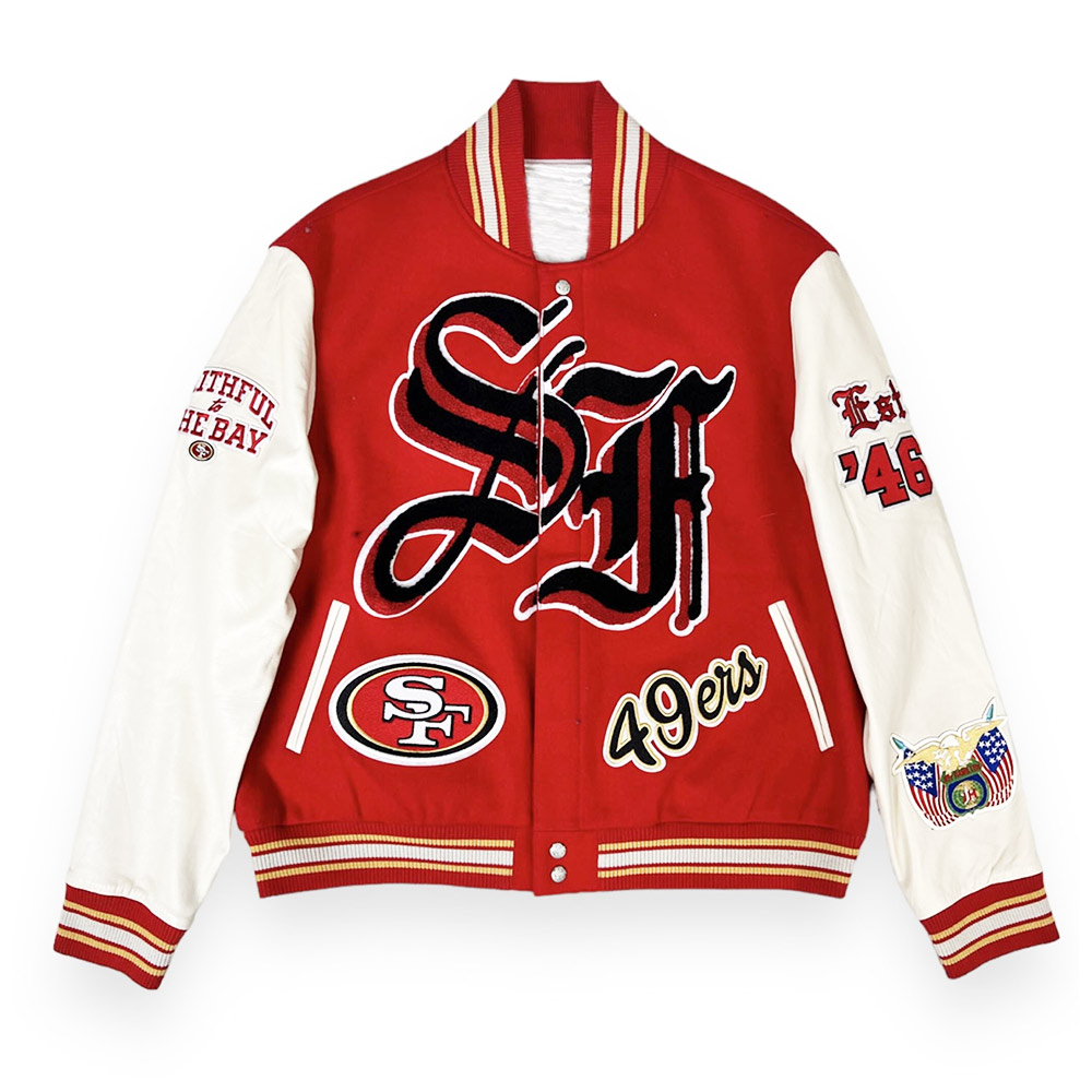 JH San Francisco 49ers Red and Off White Varsity Jacket - Image 3