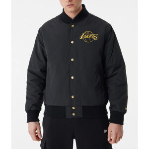 Black LA Lakers Team Script Bomber Jacket