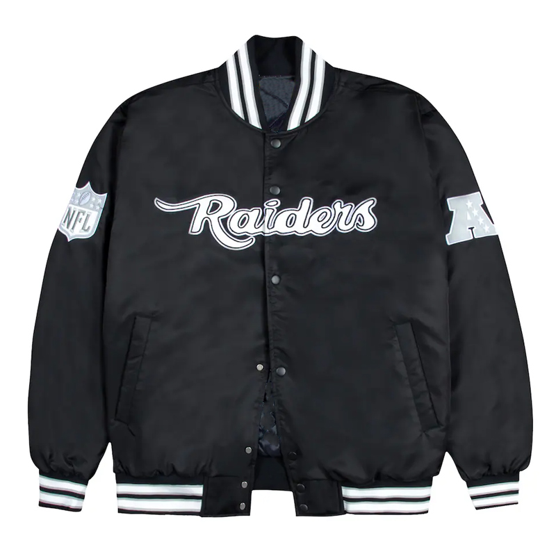 Las Vegas Raiders Gray and White Rib Bomber Black Jacket