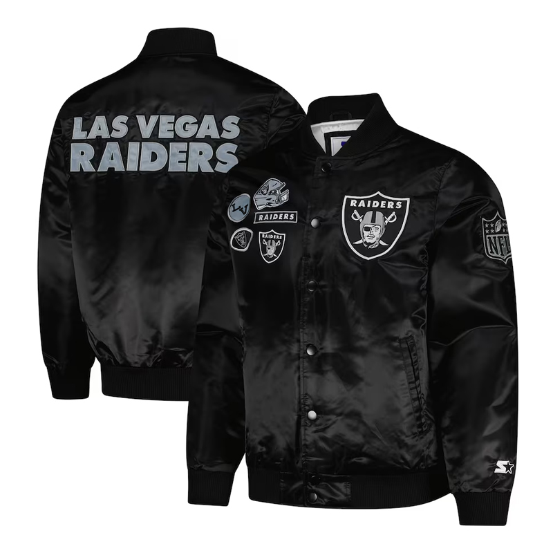 Las Vegas Raiders Exclusive Black Varsity Satin Jacket - Image 3