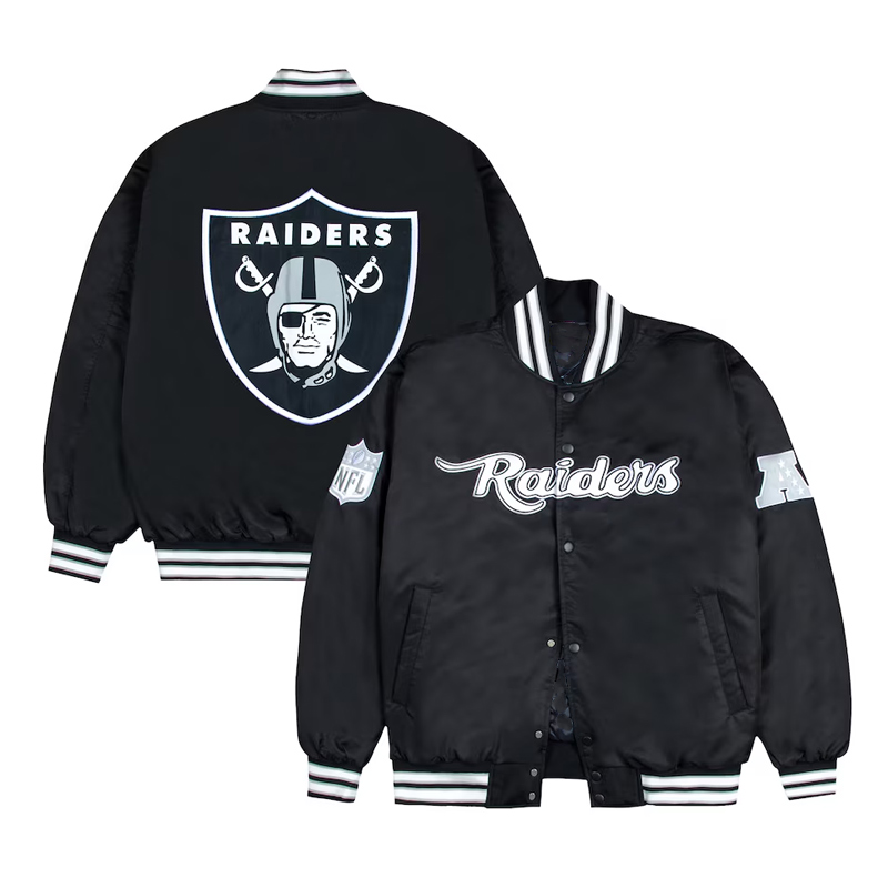 Las Vegas Raiders Gray and White Rib Bomber Black Jacket - Image 3