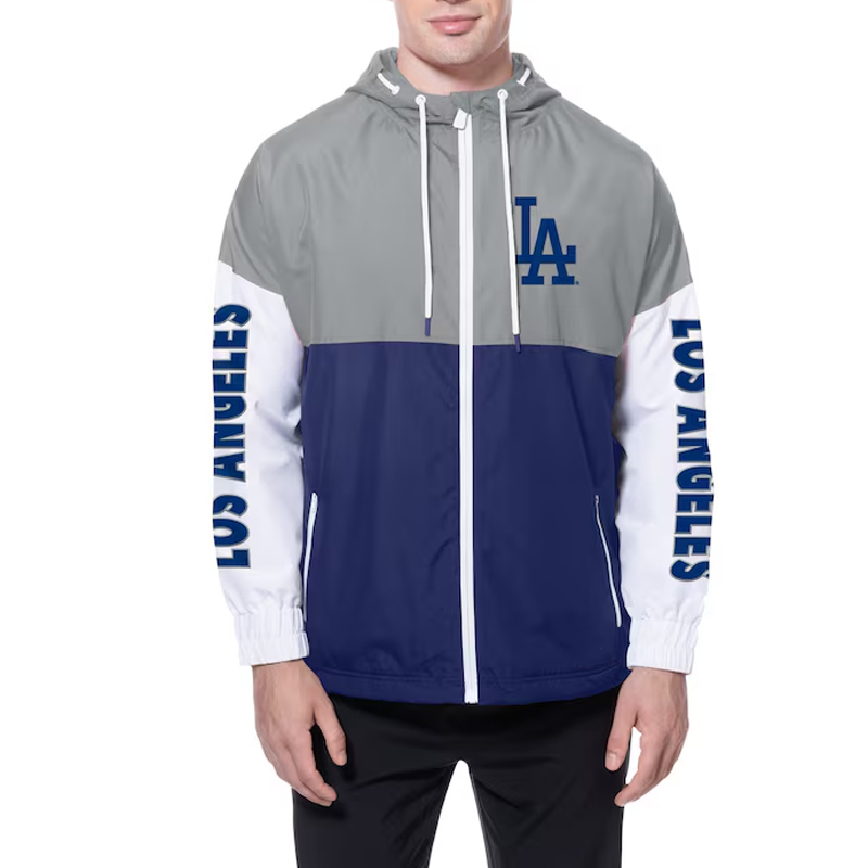 LA Dodgers Color Block Royal/Gray Hoodie Windbreaker - Image 4