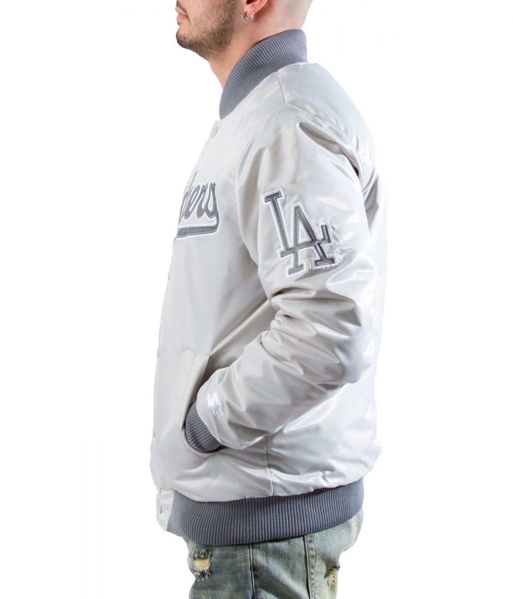 Bomber LA Dodgers Silver Satin Jacket - Image 4