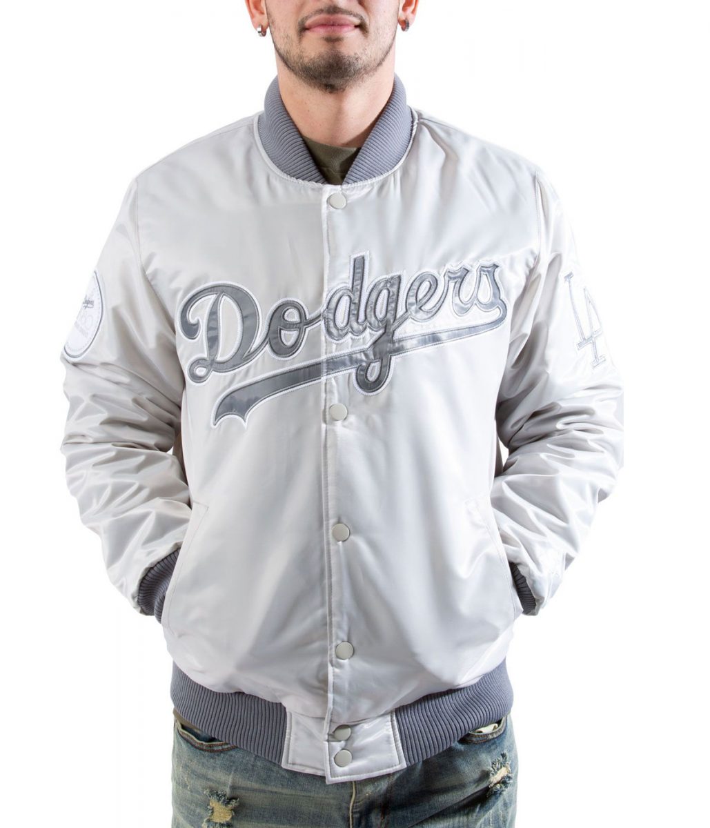 Bomber LA Dodgers Silver Satin Jacket