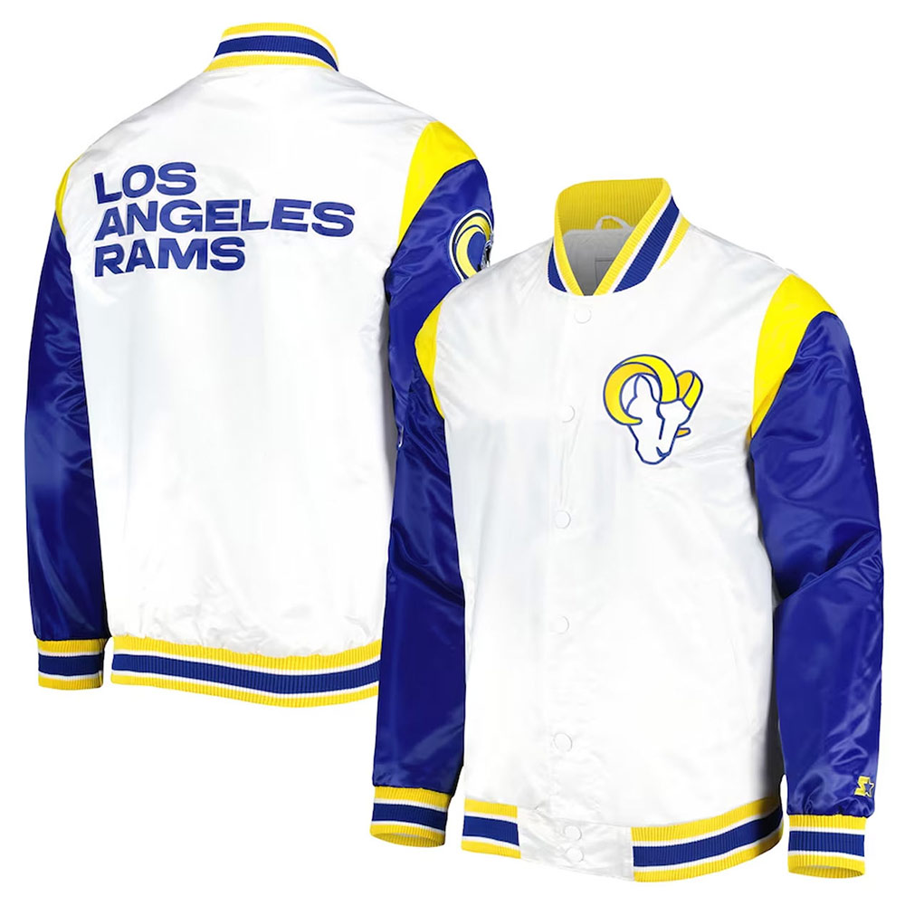 LA Rams Throwback Warm Up Pitch White Varsity Satin Jacket - Image 3