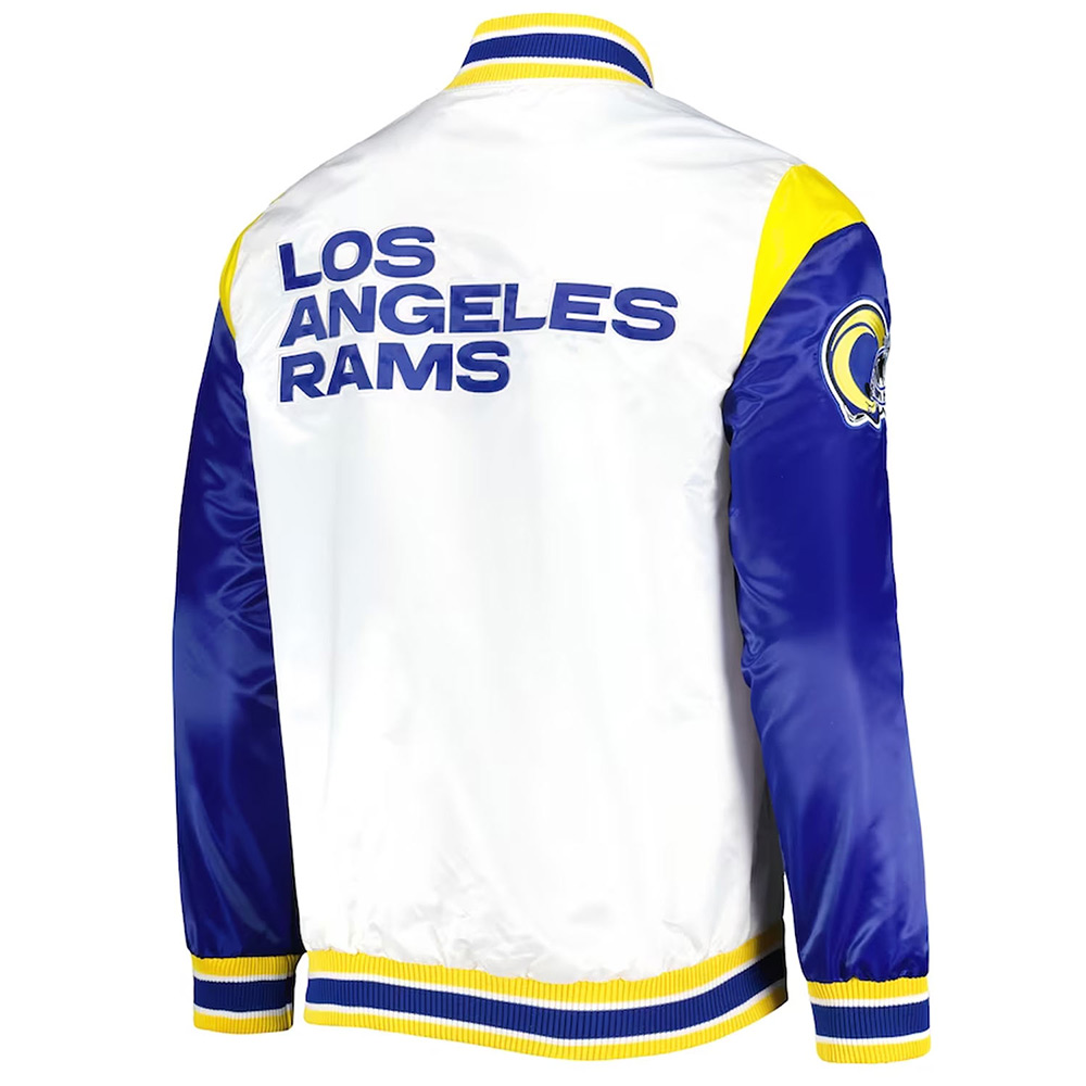 LA Rams Throwback Warm Up Pitch White Varsity Satin Jacket - Image 2