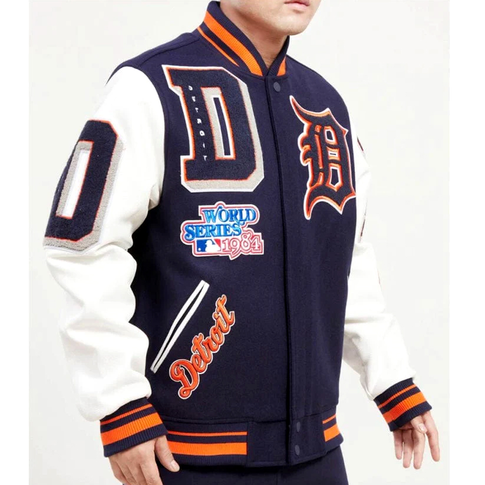 Detroit Tigers Mash Up White and Navy Blue Varsity Jacket - Image 3