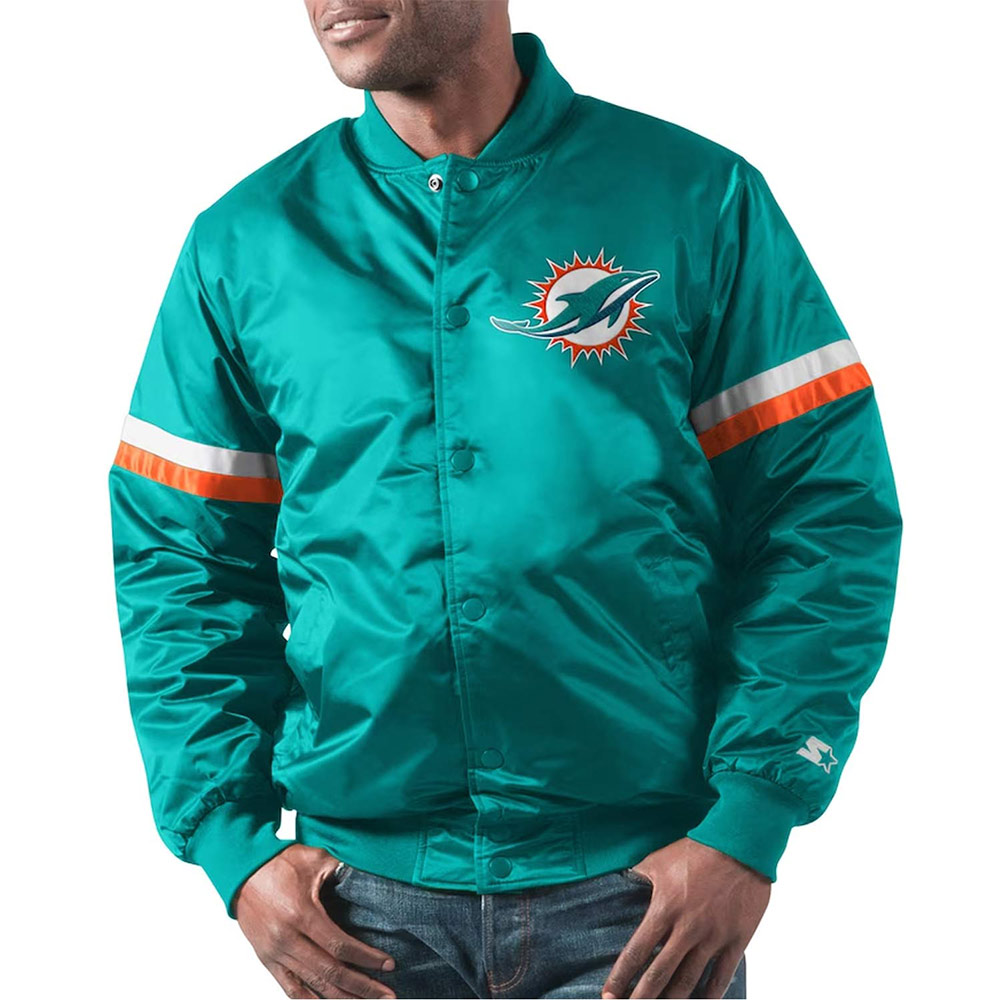 Miami Dolphins Champ Aqua Varsity Satin Jacket - Image 4