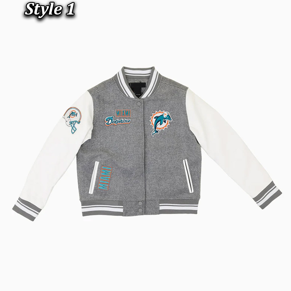 Miami Dolphins Varsity Heather Grey and White Jacket