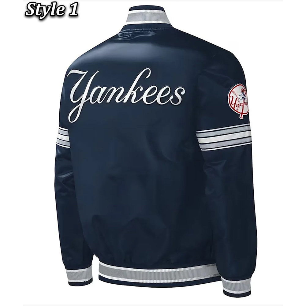 NY Yankees Midfield Navy Varsity Satin Jacket - Image 3
