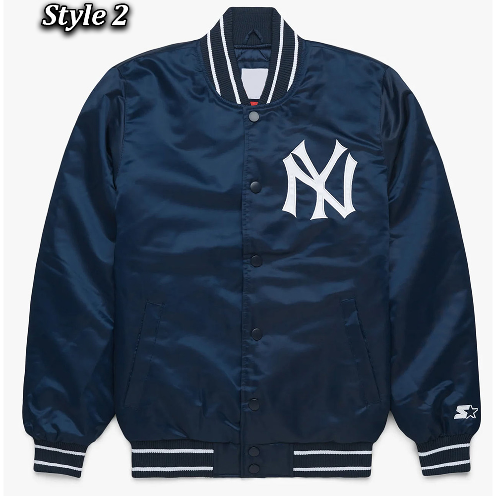 NY Yankees Midfield Navy Varsity Satin Jacket - Image 2