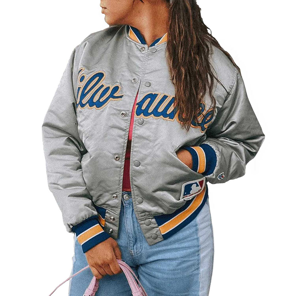 Milwaukee Brewers Grey Varsity Satin Jacket - Image 3