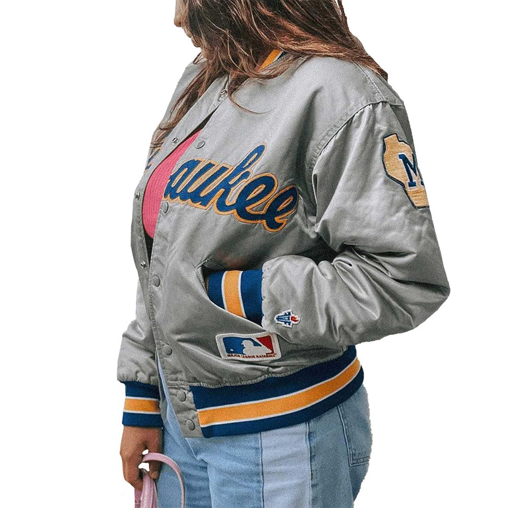 Milwaukee Brewers Grey Varsity Satin Jacket - Image 4