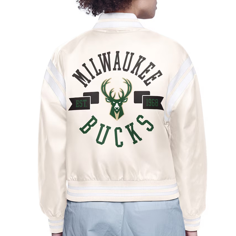 Milwaukee Bucks Printed Logo Varsity Satin Jacket - Image 4