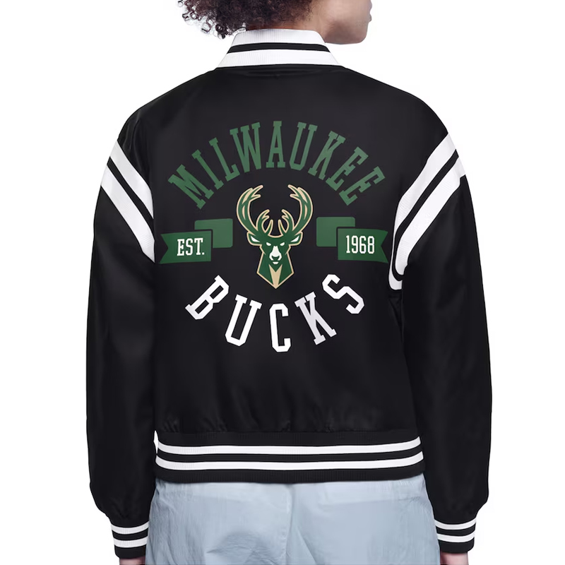 Milwaukee Bucks Printed Logo Varsity Satin Jacket - Image 3